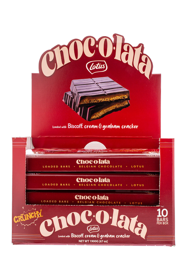 Display Packaging of Chocolata Lotus chocolate bars 10 pack with red and white design.