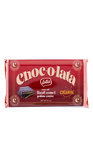 Chocolata Lotus Loaded Biscoff Cream & Graham cracker. Red packaging of Lotus Chocolata bar on a white background