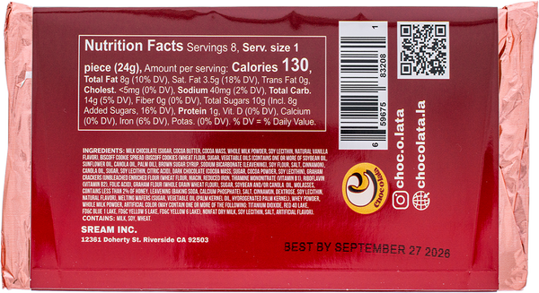 Red chocolate bar packaging with nutrition facts and branding with pink foil wrapper on white background