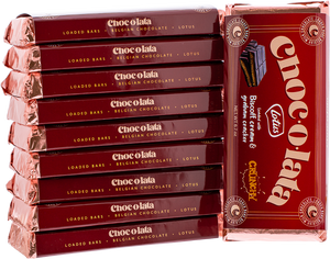 Stack of Chocolata chocolate bars with one bar open on a white background