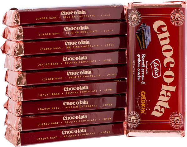 Stack of Chocolata chocolate bars with one bar open on a white background