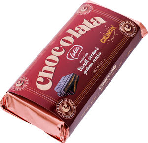 Chocolata Lotus Loaded Biscoff Cream & Graham cracker. Red packaging of Lotus Chocolata bar on a white background