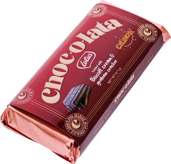 Chocolata Lotus Loaded Biscoff Cream & Graham cracker. Red packaging of Lotus Chocolata bar on a white background