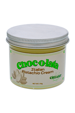 Jar of Italian Pistachio Cream with green and beige label and metal lid