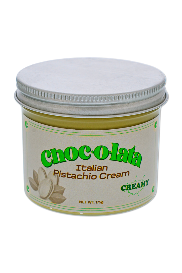 Jar of Italian Pistachio Cream with green and beige label and metal lid