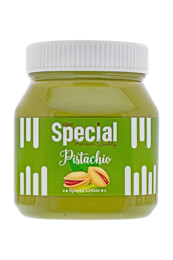 Jar of Special Pistachio Spread Cream with a green label on a white background
