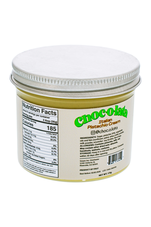 Jar of Chocolata Pistachio Cream with nutrituion facts label on a white background