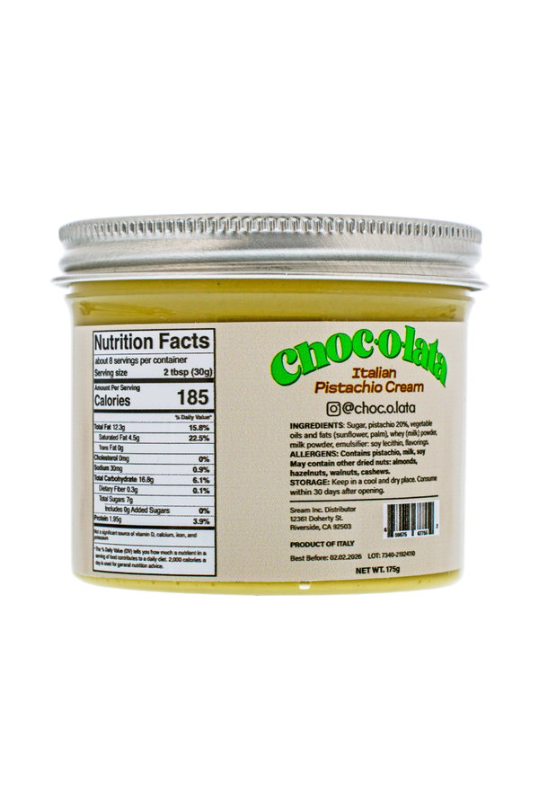 Jar of Choc Dato Italian Pistachio Cream with label on a white background