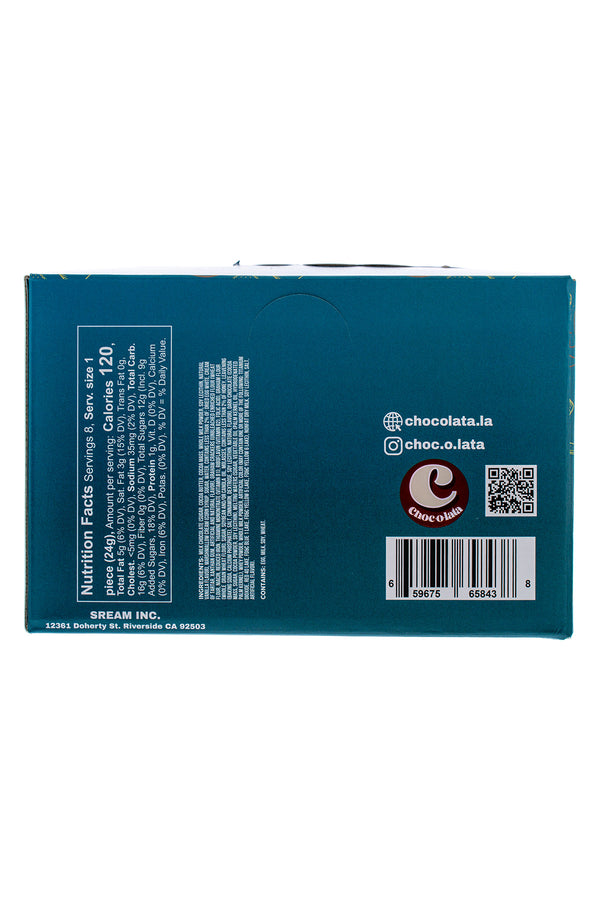Back of a blue chocolate bar packaging with branding and QR code.