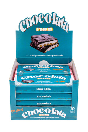 Display box 10 pieces of Chocolata candy bars, Smores Camp Fire Marshmallow Graham Cracker flavor with blue packaging and white text.