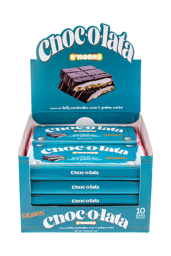 Display box 10 pieces of Chocolata candy bars, Smores Camp Fire Marshmallow Graham Cracker flavor with blue packaging and white text.
