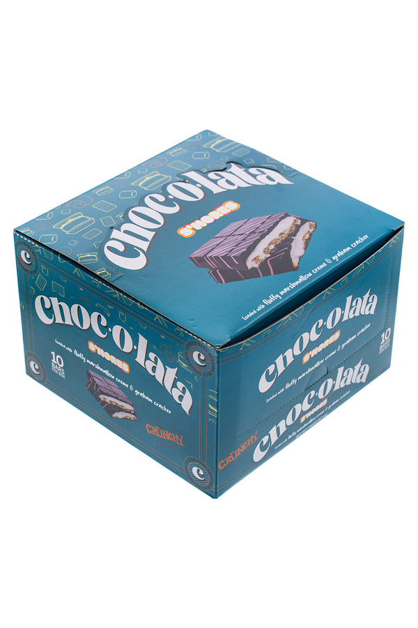 Box 10 pack of Chocolata chocolate bars, S'mores Marshmallow Graham Cracker on a white background