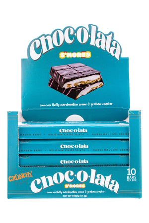 Box of Chocolata s'mores bars with a blue design