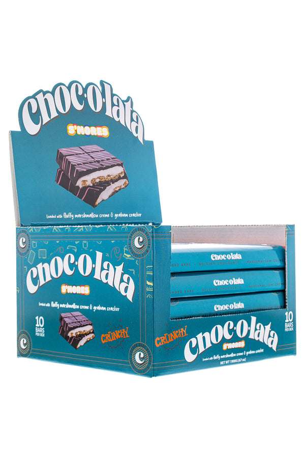 Display box of Chocolata chocolate bars, S'mores Campfire Fluffy Marshmallow Graham Cracker Flavor, with a blue and white design.