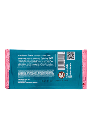 View back of the Chocolate bar wrapper showing nutrition facts with blue and pink packaging on a white background
